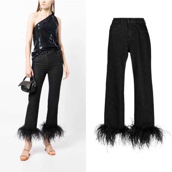16Arlington Ostrich Feather black detail slim-cut jeans